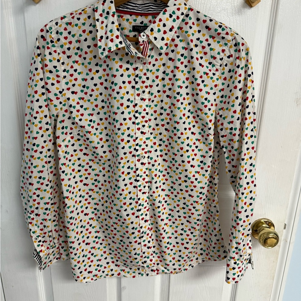 Talbots Multicolor Heart Print Women's Button Down Shirt sz LP